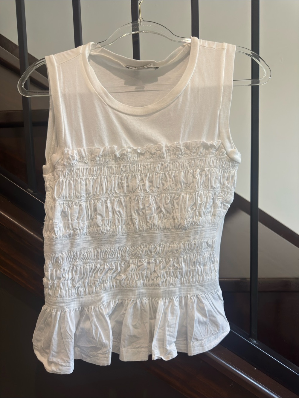 AllSaints White Sleeveless Smocked Ruffle Hem Tank